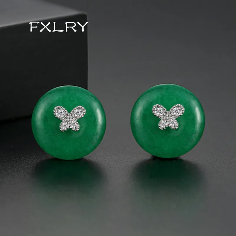 

FXLRY New Elegant Design White Color micro-inlaid AAA zircon Green Stones Round Stud Earrings for Women Wedding Party Fashion Je