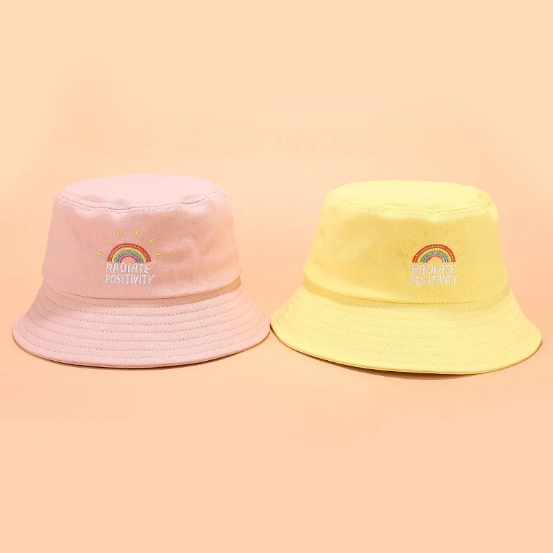 Women Rainbow Embroidery Bucket Hat Men Panama White Black Fishing Sun Hats Summer Vintage Ladies Unisex Street Hip Hop Cap