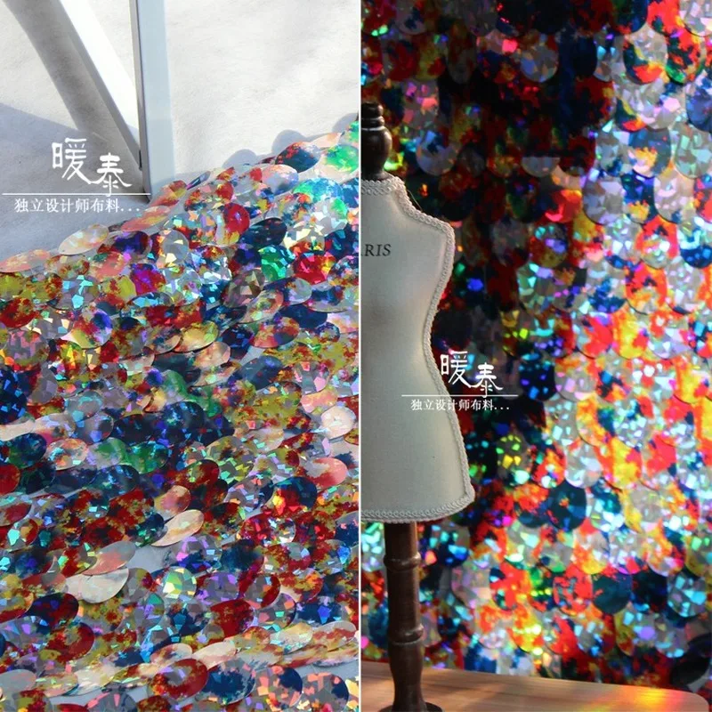 

Embroidered Sequin Fabric Iridescent Fish Scale Big Sequins DIY Mermaid Stage Clothes Props Decor Skirt Dress Designer Fabric