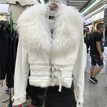 Новинка зимы в Корейском стиле больших овечий мех Куртка с воротником с коротким Босоножки из искусственной pu кожи женские сапоги на высоком каблуке; женские черные обтягивающие сапоги/белый мотоциклетные байкерские куртки