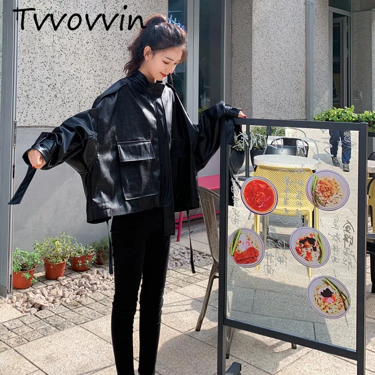 TVVOVVIN Spring Autumn Casual Leather Jacket Wild Casual Fashion Ladies Jacket Stand Collar Solid Color Women Clothing C920