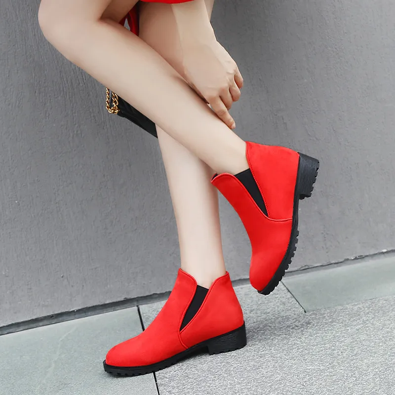 

2018 Autumn Winter Medium Chunky Heels Ladies Shoes Fashion Elastic Flock Short Motorcycle Ankle Boots Women Plus Size