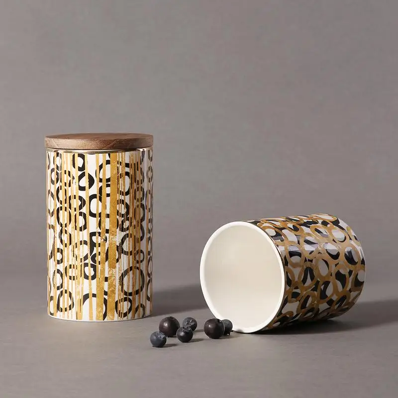 

Geometric Storage Box Ceramic Wood Lid Storage Bottle Jars For Spices Slimes Cosmetics Kitchen Container Potes De Cozinha Bank