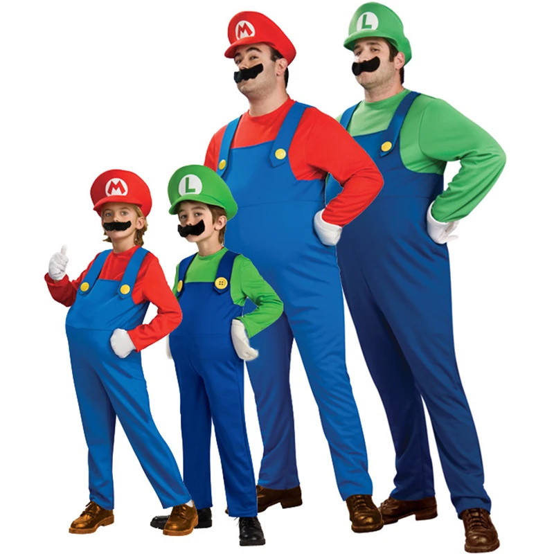 Cosplay yetişkinler ve çocuklar süper Mari0 Bros Cosplay dans kostümü seti çocuk cadılar bayramı partisi MARI0 ve LUGI kostümleri çocuklar için hediyeler