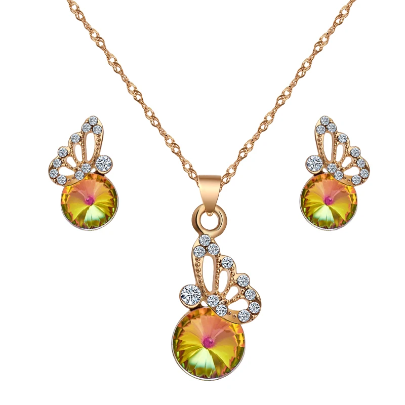 MISANANRYNE CZ Cubic Zircon Colorful Crystal Jewelry Set Gold-color Chain Butterfly Pendant Necklace Earrings Bijoux 2019 | Украшения и
