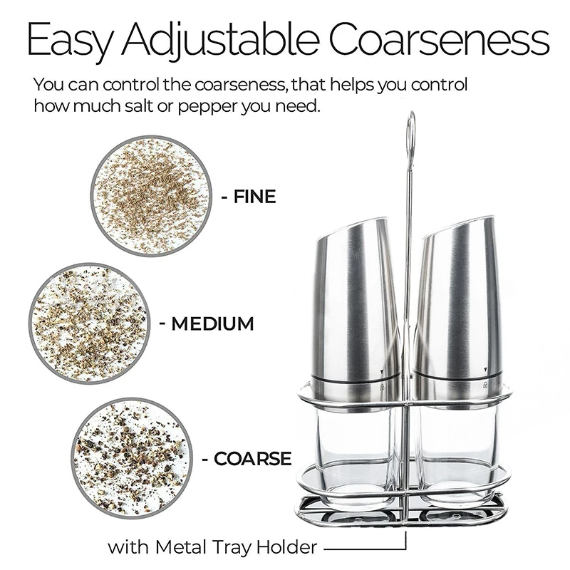 

2 PCS Electric Pepper Mill Gravity Salt and Pepper Grinder Set with Metal Stand Battery Salt Shakers Automatic with LED Light