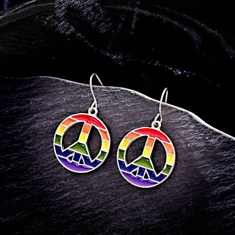 

OIQUEI Rainbow Color Round Peace Symbol Dangle Hanging Earrings Women Female Fashion Bohemian Personalized Jewelry Accessories