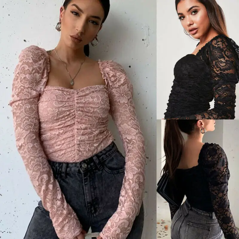 Women Blouses Sexy Square Neck Blouse Floral Lace Long Sleeve Blouse Female Shirts Tops And Blouses Black White Ladies Tops