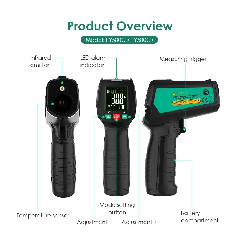 LCD IR Laser Infrared Digital Temperature Gun Non Contact Handheld Infrared Thermometer 50-580℃ Alarm Portable Pyrometer