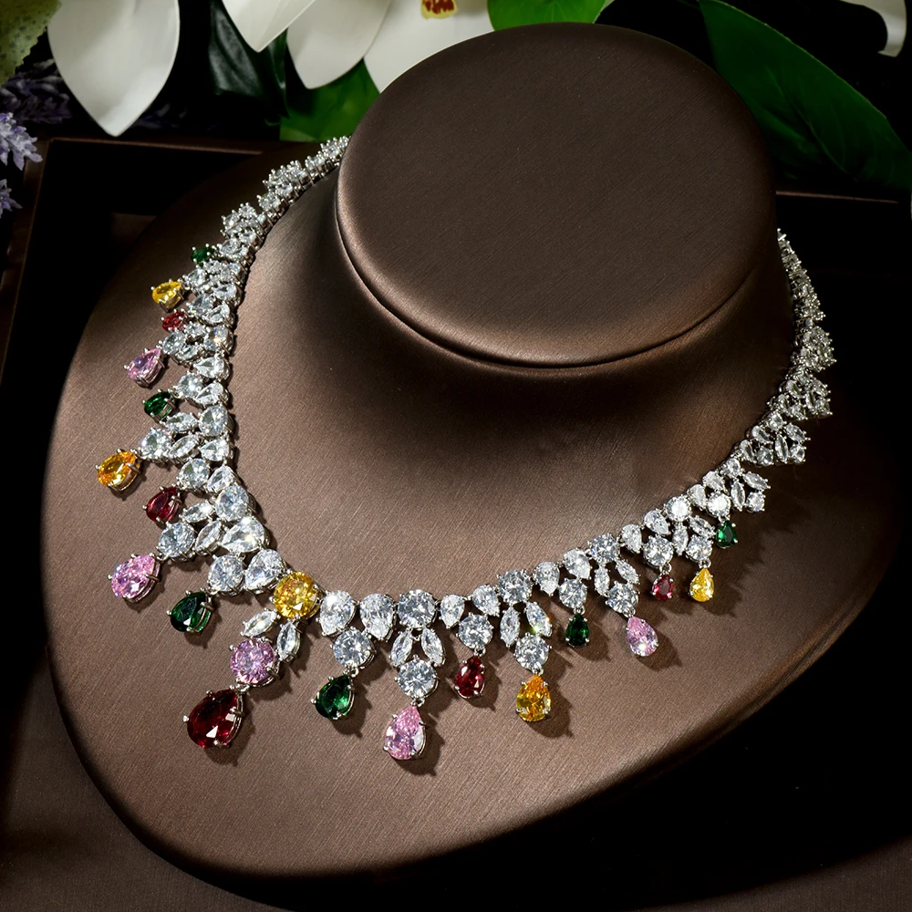 HIBRIDE Sparking Multi-color Water Drop Shape AAA CZ Stone Women Earring Necklace Jewelry Sets Wedding Accessories N-1483 - Image 5