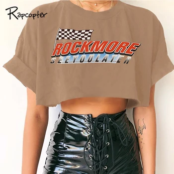 

Rapcopter Letter Roll Sleeve T Shirt Sexy Loose Short Sleeve Waistless Casual 2020 Summer Women Tee Shirt Streetwear Crop Top
