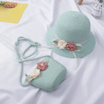 

Kids Morandi Hat Charm Princess Straw Baby Girl Sun Beach Hat Flower Cap & Handbag Lovely Summer 4-8Y Toddler Girl Accessories
