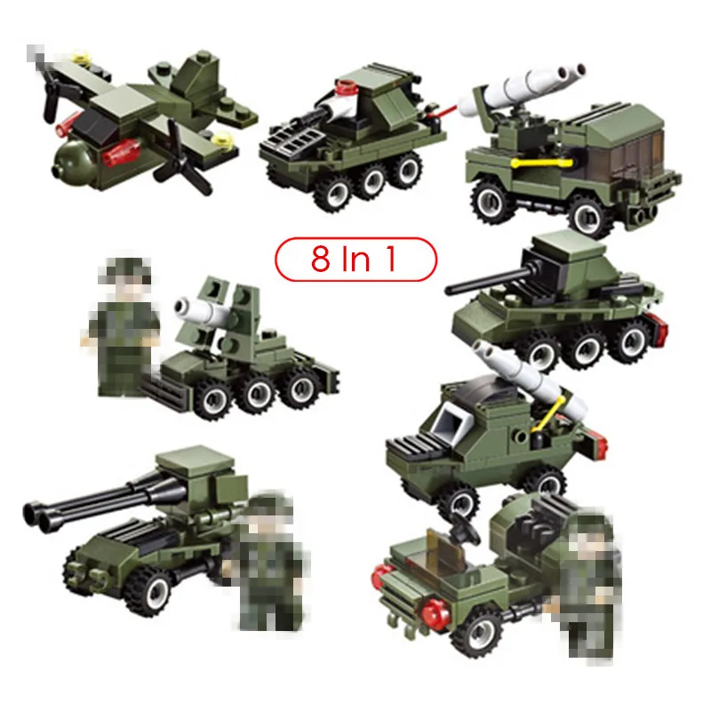 

8 In1 Mini Building Blocks Military Car Plane Field Assault Legion Assembling Brick Boy Artillery Strike Army Soldiers Children