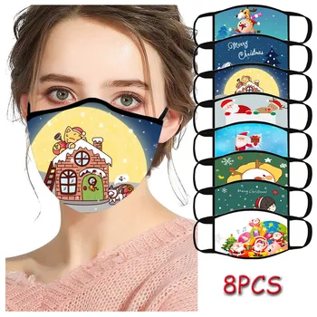 

8PCS Adult Christmas Cute cartoon Outdoor Protect Mask Fog Washable Safety Reusable Face Mask Cotton Comfortable dust cover