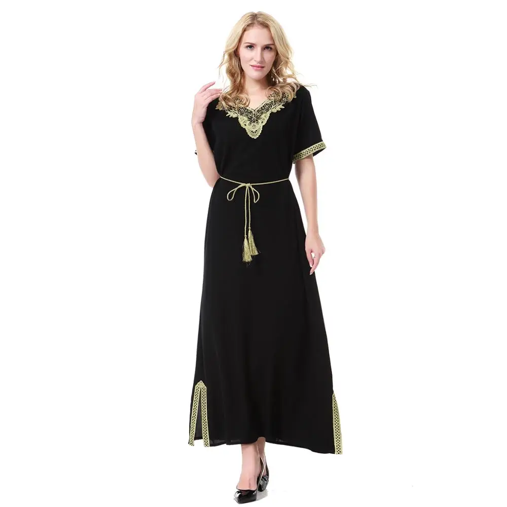

Ropa arab robe abaya djelaba jilbab femme musulman les robes hijab turkey Long one-piece dress V neck short sleeve kaftan mujer