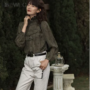 

Vintage Blouse Women Puff Sleeve Ladies Top Ruffle Neck Long Sleeve Tops And Blouse Korean Fashion Clothing T601