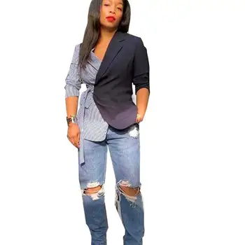 

Fashion 2019 Autumn Long Sleeve Loose Blazers Women Turn-Down Collar Stripe Patchwork Blazer Coat