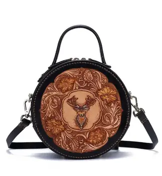 

2019 for women female bag Designer luxury handbags Handmade leather Deer head retro Chinese style Personality small round bag