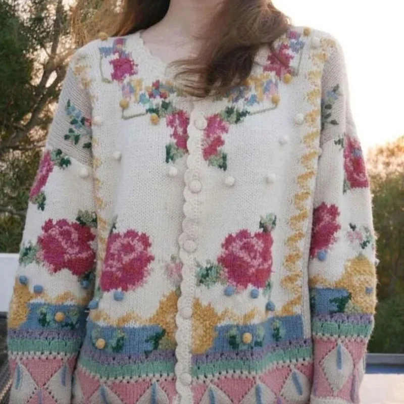 

Autumn Sweater Cardigan Retro Hand Embroidered Flower Heavy Ball Knitted Sweater Cardigans O-Neck Women Sweater 2019