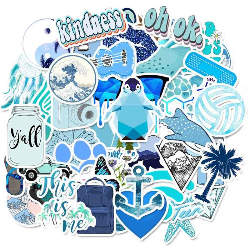 

50 Pcs Cartoon Blue Small Fresh Stickers For Chidren Toy Waterproof Sticker To DIY Suitcase Laptop Bicycle Helmet Car Decals