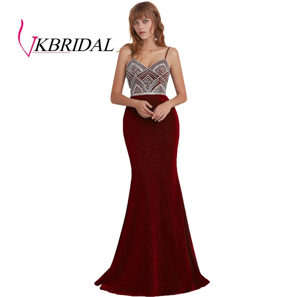 VKBRIDAL выпускные платья новые сексуальные блестящие ткани с бисером и кристаллами королевский синий формальные вечерние платья - Цвет: burgundy