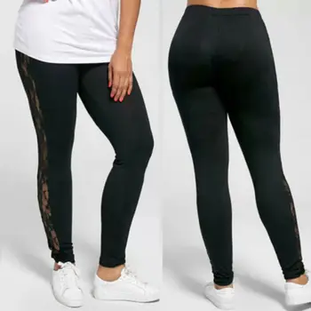 

Women Running Pants Sheer Hollow Leggings Female High Waist Elastic Solid Black Sport Slim Pants Plus Size L-3XL
