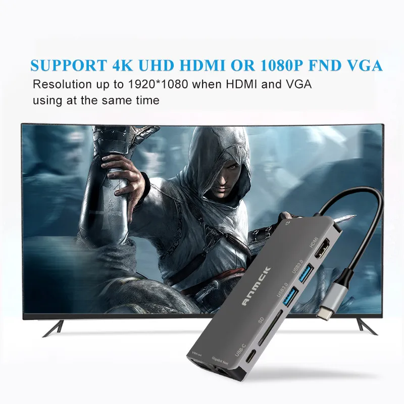 Anmck концентратор USB Type C к USB 3,0 Thunderbolt 3 HDMI VGA 3,5 мм аудио RJ45 адаптер док-станция для MacBook Pro samsung Galaxy S9 USB-C концентратор
