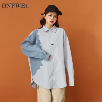 

2020 Spring Summer New Arrivals Stand Collar Denim Patchwork Full Sleeve Women Fashion Casual Was Thin Shirt T282
