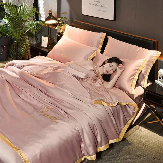 Home Textile Double Bed Linen Luxury Washed Silk Bedding Set Single Embroidery Bed Sheets Set King Queen Size Solid Color - Цвет: 6