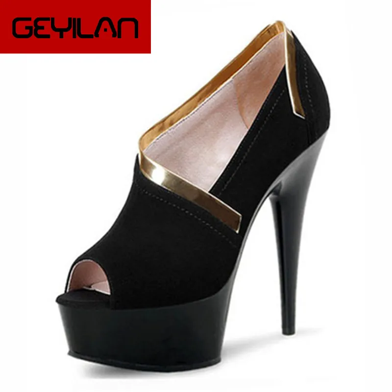 

Women's summer 2018 super high heels, thin heel fish mouth water platform crystal shoes, open toe hollow sexy high heels 15cm