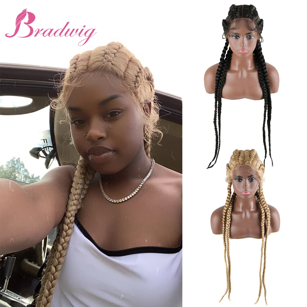 32' Braided Lace Wigs Synthetic Lace Front Wig for Black Women Knotless Braid Wig with Natural Baby Hair Black Box Braids Wig