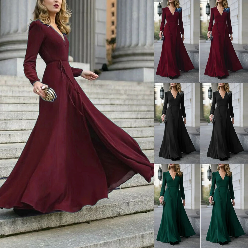 Women Sexy Formal Maxi Dress V Neck Long Sleeve Solid color Bandage Office Ladies Evening Party Prom Gown blazer dress