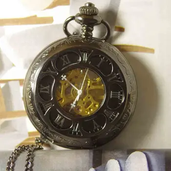 

Luxury Steampunk Hollow Skeleton Mechanical Pocket Watch Black Dial Vintage Fob Chain Pendant Clock Men Women Christmas Gifts
