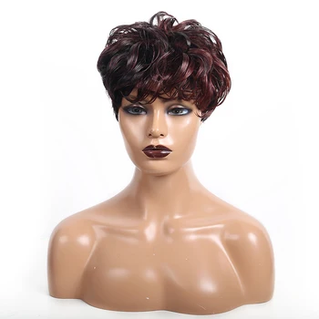 

pixie cut Brésilienne courte perruque de cheveux humains Bob pour les femmes noires Perruque ondulée pleine couleur marron