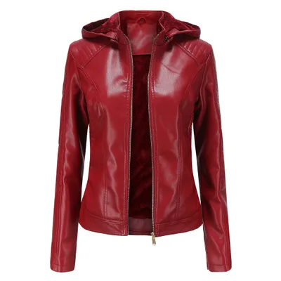 Новинка, женские куртки из мягкой искусственной кожи на осень и зиму, женские черные Куртки из искусственной кожи на молнии, мотоциклетные уличные куртки - Цвет: Красный