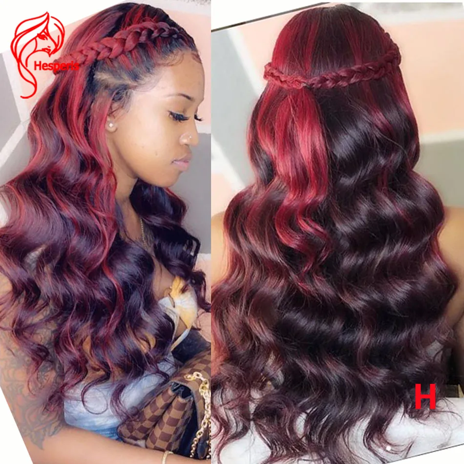 Wigs Highlight Human-Hair-Wigs Lace-Front Burgundy Wave Pre Plucked Ombre Brazilian Hesperis