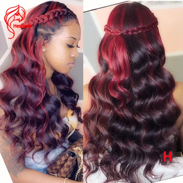 $26.35 Wigs Highlight Human-Hair-Wigs Lace-Front Burgundy Wave Pre Plucked Ombre Brazilian Hesperis