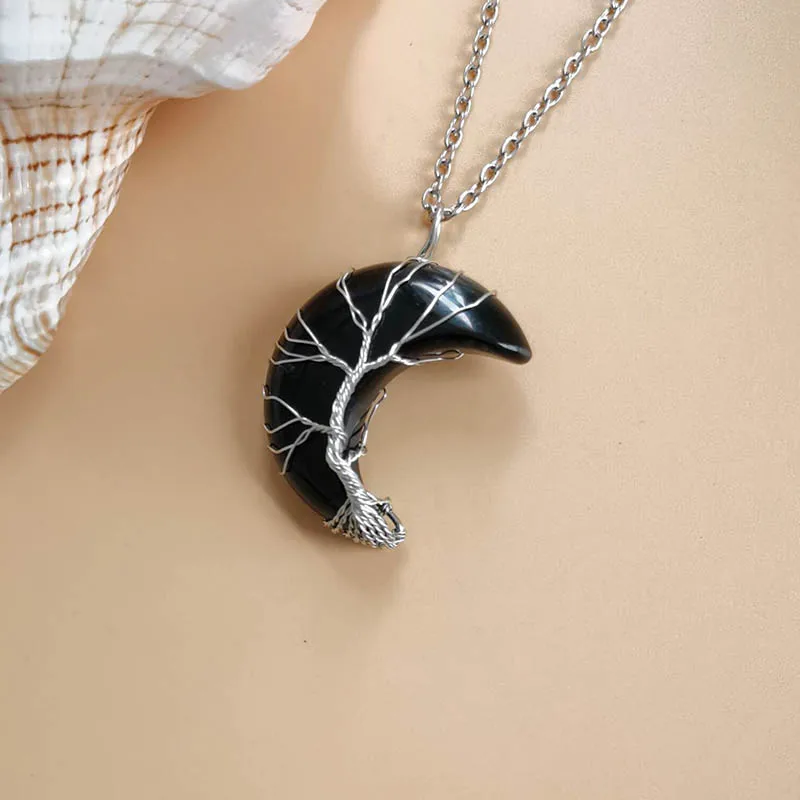 Life Tree Crescent Moon Shape Pendant Silvertone Wire Wrap Natural Gemstones Healing Crystal Women Necklace