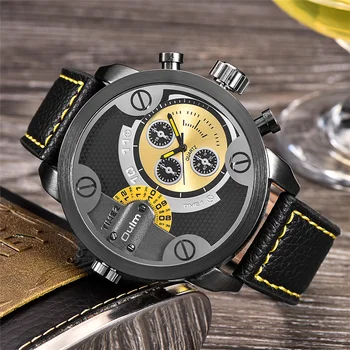 Oulm 3130 design de luxo masculino relógio de quartzo grande dial dois fuso horário relógios de pulso pulseira de couro masculino relógios relogio masculino 2