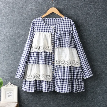 

2020 spring autumn clothes women fresh embroidery lace spliced plaid shirt long sleeve tops female