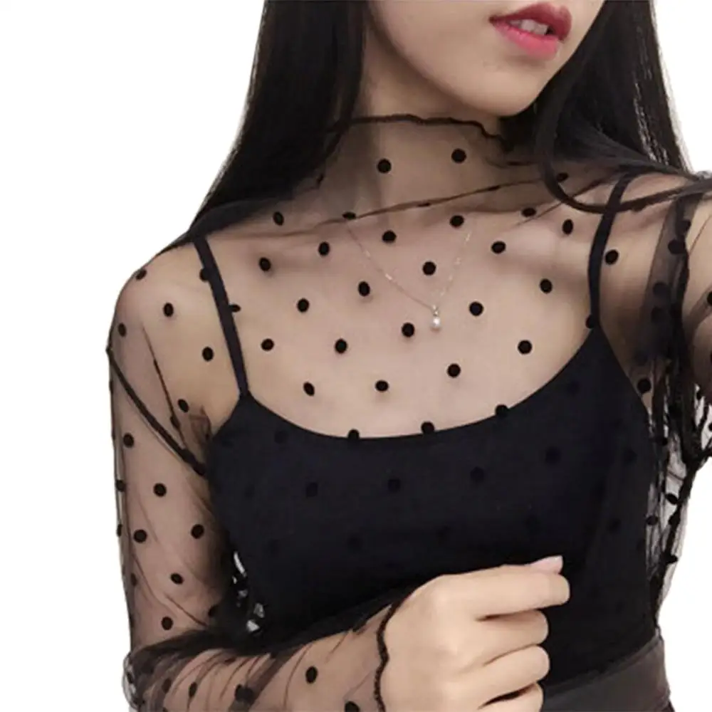 

2019 New Sexy Women Mesh T-shirt Casual Long-Sleeve O-Neck Gauze Perspective Tee Bottoming Black Dots Shirt Beach T Shirt