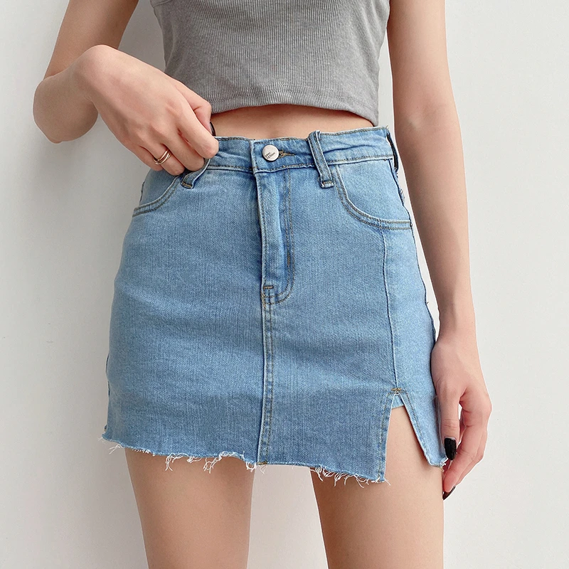 Women Denim Mini Skirt With Raw Hem 