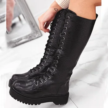 

Brand Design Women Knee High Boots Crocodile Pattern High Heel Boots Women Chunky Black Cowboy Boots For Women Long Winter Boots