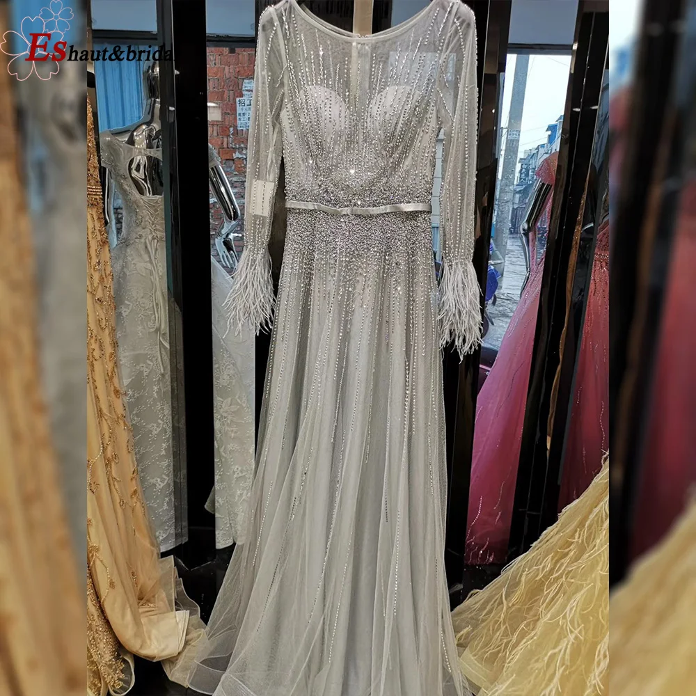 Long Sleeves Evening Dress 2020 Oneck Aline Luxury Feather Beads