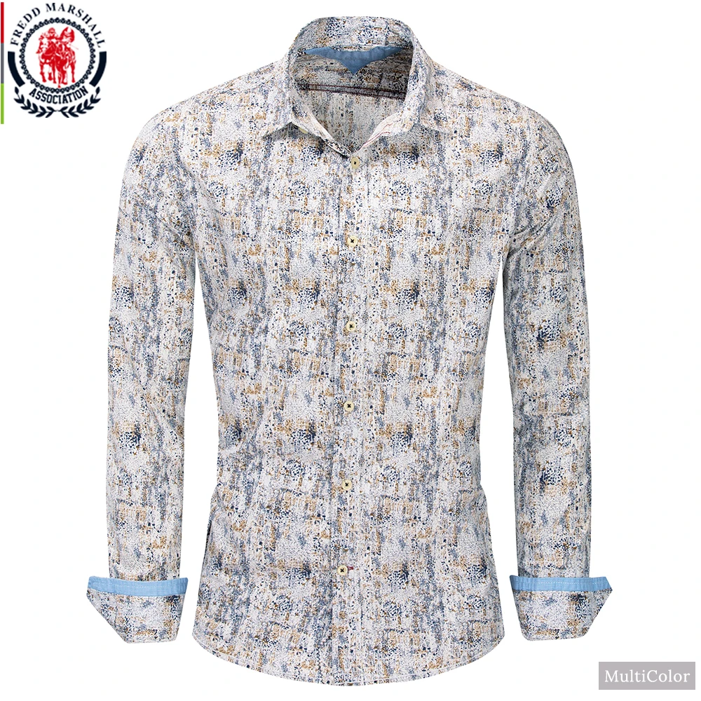 209 MultiColor Fredd Marshall, новинка, модная мужская рубашка с принтом, длинный рукав, хлопок, повседневная приталенная рубашка с цветочным принтом, Мужская Уличная одежда, 209 - Цвет: 209 MultiColor