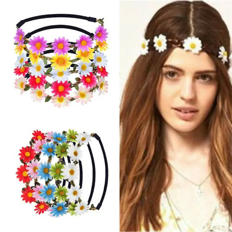 Women Elastic Daisy Garland Wreath Hairband Five Sunflower Head Band