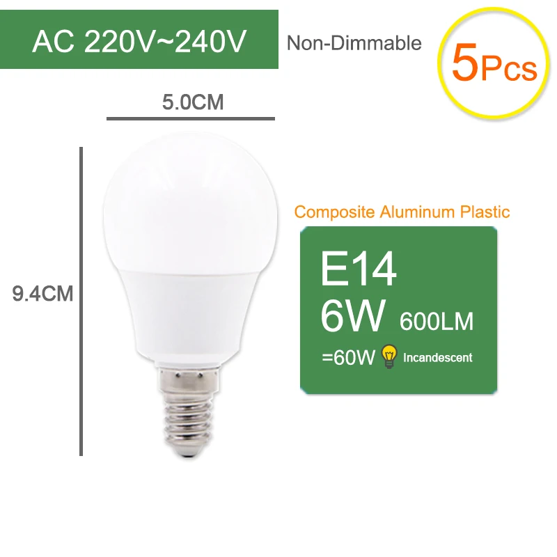 Kaguyahime 1 шт./5 шт E14 E27 9W Dimmable высокой яркости E27 светодиодный светильник 220V светодиодный лампы светодиодный светильник лампады Lamparas Bombillas ампулы 6 Вт - Emitting Color: E14 6W 5pcs