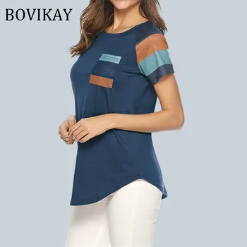 

BOVIKAY 2020 Spring Summer Womens Tee New European and American Female T-shirt Ladies Striped Pockets Loose Short Sleeves Top