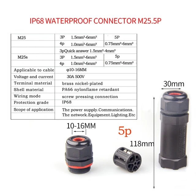 IP68 Waterproof Connector 2 Pin 3 Pin 4 Pin 5 Pin Electrical Terminal Adapter Wire Connector Screw Pin connector LED Light pin M25 5p