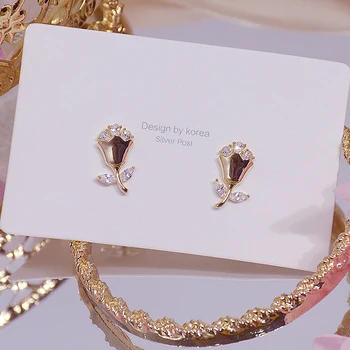 Romantic 14k Real Gold Plated Rose Women Earring Cubic Zirconia Trendy Cute Tiny Earrings Wedding Jewelry Pendant for Bridal